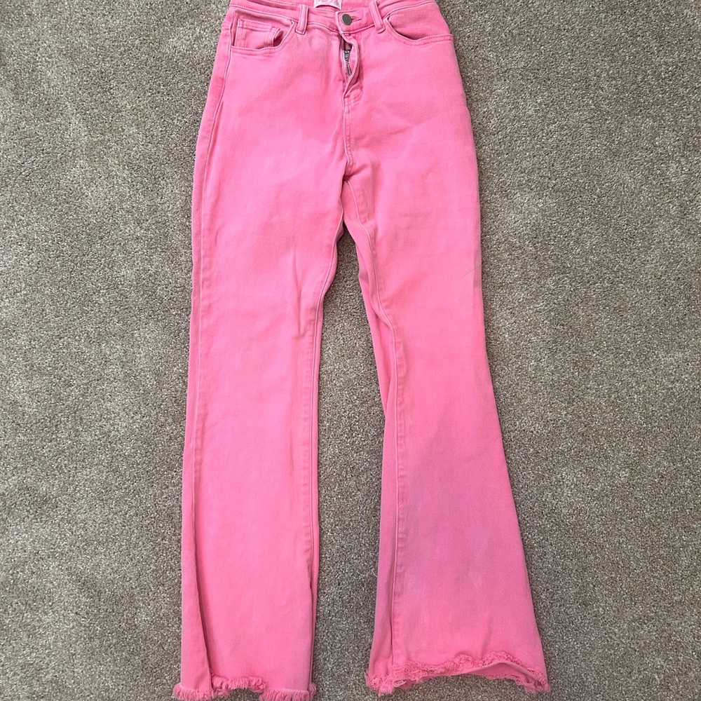 pink flare jeans, very stretchy but a shorter fit